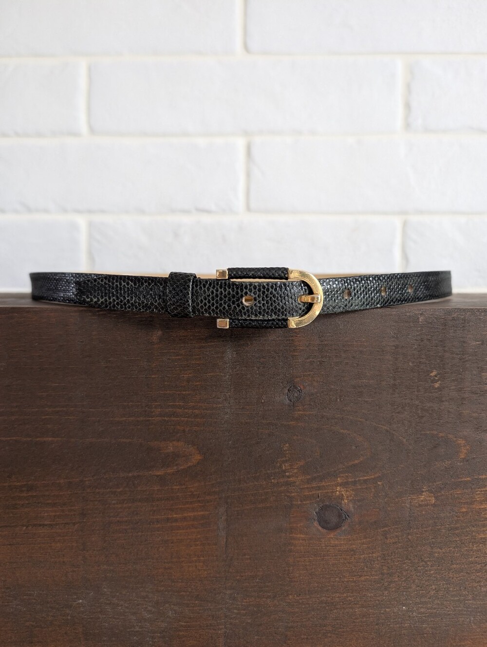 Vintage Black Snakeskin Leather Narrow Skinny Belt Made In Canada Gold Buckle